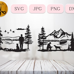 Hunting and Fishing with Dog Svg, Fishing Boat Silhouette, Lake Fishing Scene, Fishing Companion Dxf, Lake Boat Clipart, Boating Scene Png