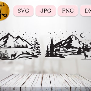 Kerst herten scène SVG-bundel, bosrijke kerst dieren clipart, sneeuwt berg silhouet, vallende sneeuw landschap vector JPG, PNG dxf