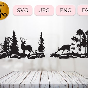May include: Black silhouette of two deer in a forest setting. The deer are standing in a clearing surrounded by trees. The image is perfect for a nature-themed design project.