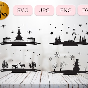 May include: Four black and white Christmas-themed silhouette designs. The first design shows a Christmas tree with stars and fences. The second design shows a Christmas tree with stars and a candy cane. The third design shows a Christmas tree with deer and snow. The fourth design shows a snowman with snow and trees.