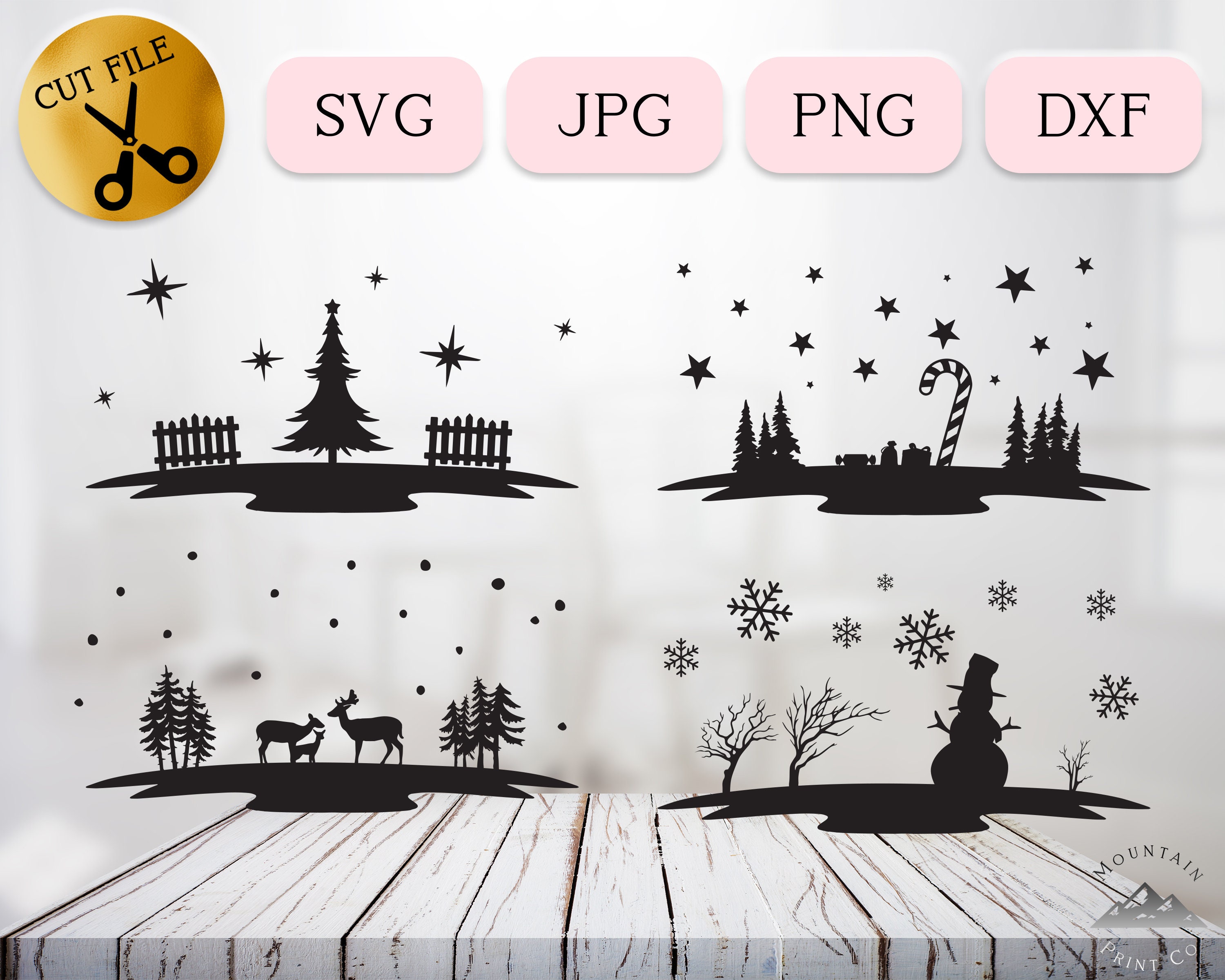 4 Winter Christmas Scene SVG Bundle, Snowman Silhouette, Christmas Tree ...