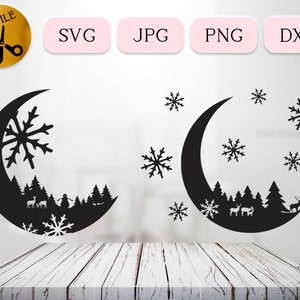 Winter Wunderland Szene SVG Bundle, Weihnachten Mond Szene Silhouette, Halbmond Weihnachten Rentier dxf, Winter Schneeflocke Vektor JPG PNG dxf