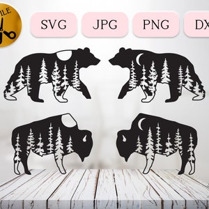 Ours avec des arbres Silhouette SVG Bundle, bison de la forêt scène DXF, Clipart Animal féroce, ours sauvage Cricut vecteur Nature Silhouette Jpg Png