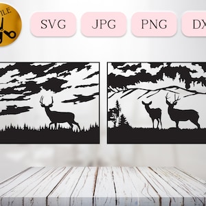 Episches Maultierrotwild SVG-Bundle, Bewölkter HimmelSpng, Hirsch an bewölktem Tag Silhouette, gerahmte Naturszene Dxf-Plasma-Schnitt, Buck und Hirschkuh-vektor Png Jpg