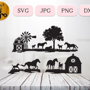 3 paarden minnaar Svg bundel, Mama paard en veulen Svg Cricuit, Western Ranch scène Dxf, lopende paarden Clipart, Ranch paardrijden silhouet