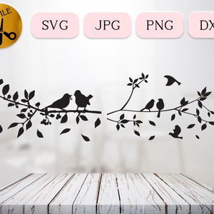 Vogel auf Zweige SVG Bundle Cricut, Baumsperling Silhouette, Vogel Paar Clipart, Vogel Vektor DXF, Fallende Blätter SVG, Frühlings Schablone PNG
