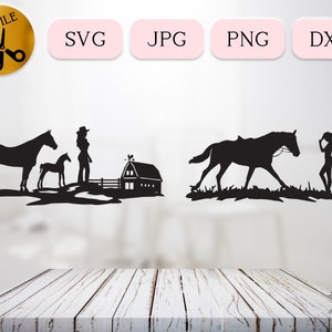 Lot de cow-girl SVG, fichier coupe Svg de cow-boy occidental, vecteur de scène de ranch silhouette de vache vache, sticker Dxf Png cheval découpé au Laser des cliparts vie éleveur