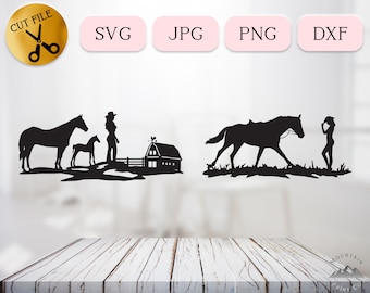 Cowgirl SVG Bundle, Western Cowboy Svg Cut File, Cow Girl  Silhouette Ranch Scene Vector, Laser Cut Horse Dxf Png Decal Rancher Life Clipart