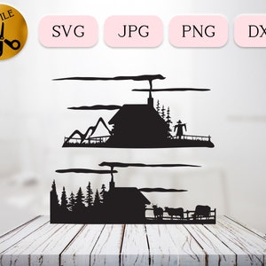 Landelijke boerderij scènes Svg, omheinde boerderij silhouet, Forest Cottage Dxf, Cow Ranch Svg, Country Home Vector, Spooky Scarecrow Clipart Jpg Png