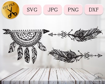 Boho Mandala Dreamcatcher SVG, Clipart plume spirituelle, fichier de coupe en filigrane Dreamweaver, Boho flèche svg, jolie plume flèche DXF jpg png