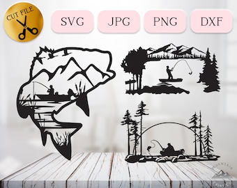 May include: Black and white silhouette design of a bass fish with a mountain landscape in the background. A fisherman is in a boat casting a fishing line. The design is perfect for a fishing enthusiast.