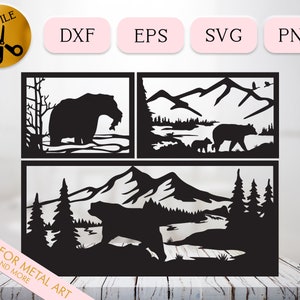 May include: A digital design file for a metal art piece featuring three black bears in a mountain landscape. The design includes a large bear in the foreground, a smaller bear in the background, and a mountain range with trees and a lake.