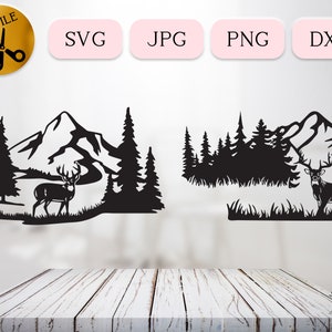 Jachtseizoen SVG, Deer Hunt Svg, bergboslandschap, natuurtaferelen voor Cricut, Woodland Adventure Svg, herten DXF, berg Png Jpg