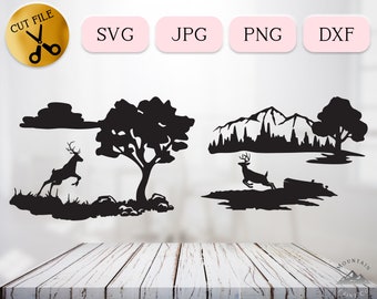 Steigerende herten SVG, herten springen silhouet, outdoor avontuur Svg, bos en bergen DXF Vector, White Tailed Deer springen Clipart JPG png