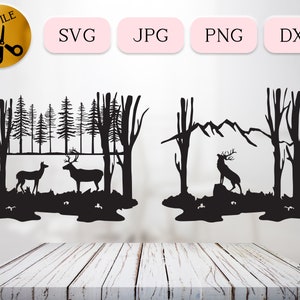 Majestic Deer SVG, Autumn Wildlife Silhouettes, Mountainous Forest Scene DXF, Nature Cut File, Elk Clipart, Wild Caribou Hunting JPG png