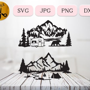Mountain Camper SVG Bundle, Trailer Camping Vector, Woods Campfire Scene, RV Camp Clipart, Forest Landscape Silhouette, Fishing JPG png dxf