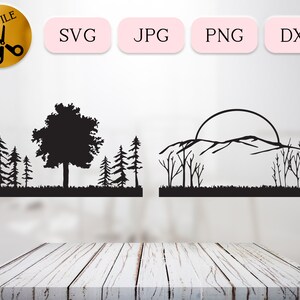 Outdoor Forest Svg, Silhueta de pôr do sol na montanha, Sunrise Svg, Cena da natureza com árvores Svg Cricut, Woods Stencil Svg, Árvore da vida Dxf Jpg Png