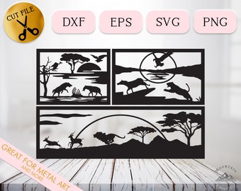 Framed Safari Scene Dxf, Predator Silhouette, Eagle Bird of Prey Clipart, Lion Chasing Antelope Vector Eps, Jungl Svg Savanna Engraving File