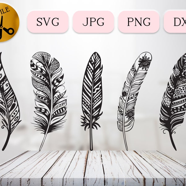 Plume complexe SVG Clipart Bundle, vecteur de plumes tribales Boho, plume Mandala svg, ensemble clipart Dreamcatcher, tatouage tribal JPG PNG dxf