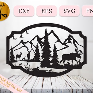 Fichier de coupe Svg de scène de lac de montagne, fichier Dxf de cerf et d'orignal, signe de bienvenue d'animal de forêt vecteur, téléchargement numérique de gravure de forêt, étang de canard Png