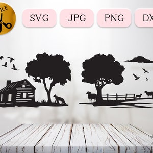 Ensemble Svg de scène de superficie, Svg de la vie à la campagne rurale, Silhouette de ranch de moutons, Dxf de cabane de ferme, Clipart vivant sur la terre, colonie de bébé agneau Png