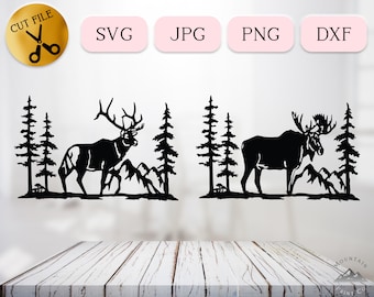 Forest Svg, Mountain Svg, Wildlife Scene Svg Cricut, Detailed Moose Svg, Intricate Elk Svg, Woodland Svg, Hunting DXF Vector File Jpg Png