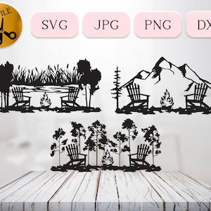Adirondack Chair SVG Scenes, Campfire Scene Svg, Camping Scene Silhouette, Forest Fire Pit Dxf, Cattail Svg Lake Outdoor Clipart Jpg Png