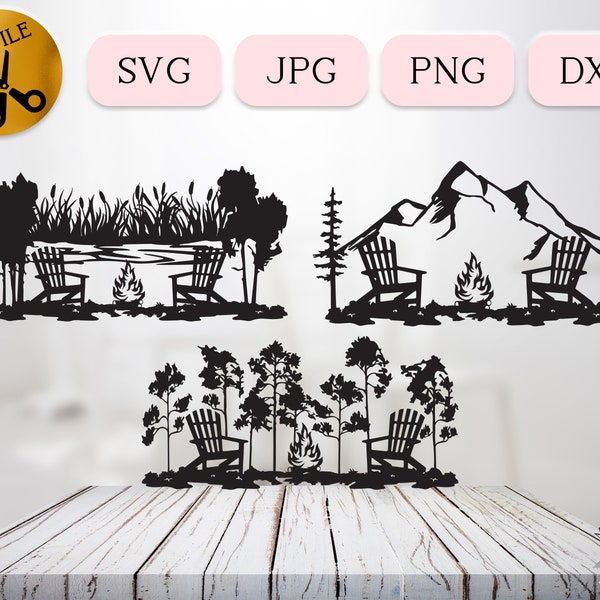 Adirondack Chair SVG Scenes, Campfire Scene Svg, Camping Scene Silhouette, Forest Fire Pit Dxf, Cattail Svg Lake Outdoor Clipart Jpg Png