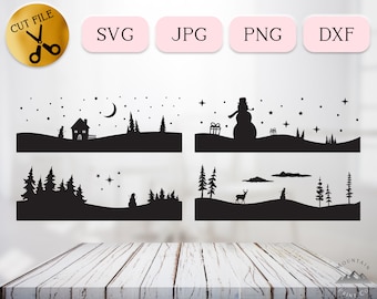Paquete SVG de 4 escenas de silueta de muñeco de nieve navideño, paisaje invernal simple, ciervo nevando, archivo de corte SVG, escena con regalos, JPG, PNG, dxf