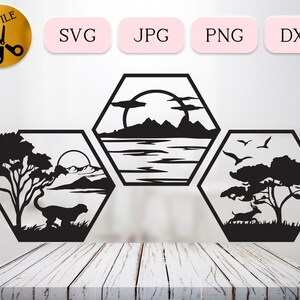 Zeshoek SVG, geometrische safariscène, Afrikaanse zonsondergang silhouet, Cheetah Lion antilope scène, Afrika Wildlife Dxf, Wild Jungle Vector Jpg Png