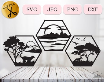 Hexagon SVG, Geometric Safari Scene, African Sunset Silhouette, Cheetah Lion Antelope Scene, Africa Wildlife Dxf, Wild Jungle Vector Jpg Png
