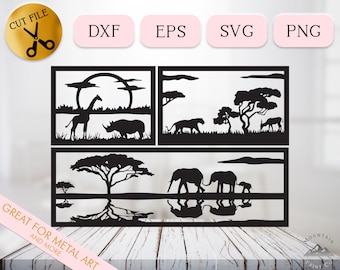 Border Frame Safari Dxf Vector Bundle, Scenery Safari Silhouette, Safari Animals Svg, Cnc Plasma Cricut Cut File, Acacia tree Elephant Eps