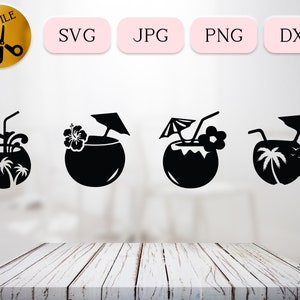 Pacchetto clipart SVG cocktail al cocco, vettore tropicale, clipart bevande estive da spiaggia per Cricut, silhouette, ombrello Pina Colada, JPG, PNG dxf