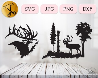 Bird and Elk Silhouette SVG Bundle, Elk Antler dxf, Summer Forest Landscape Vector, Deer Mountain Meadow Scene, Nature Clipart JPG PNG dxf