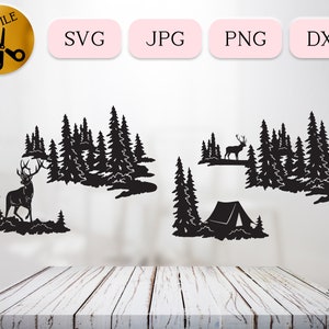 Elk with Trees SVG Bundle, Forest Camping Tent DXF, Outdoor Adventure Vector, Wild Nature Silhouette, Deer Hunting Clipart Pine Tree JPG png
