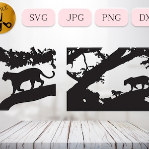 木に登るヒョウの SVG バンドル、木に登るヒョウの SVG、大きな猫のシルエット、木に登るジャングル猫のシーン、ヒョウの母子ベクター JPG Png Dxf