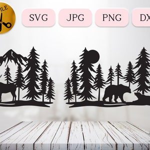 Bär SVG, dichter Wald Landschaft SVG Bundle, Wildtier-Szene DXF, Kiefernwald Silhouette, Elch Berg Grafik, Bär Vektor Clipart jpg png