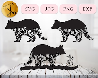 Floral Raccoon SVG, Floral Woodland Animal Svg, Raccoon with Flowers Silhouette, Raccoon Cricut Cut File, Forest Animal Clipart Dxf Jpg Png