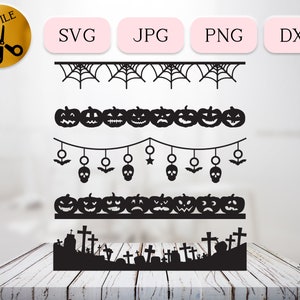 May include: A set of four Halloween-themed SVG cut files. The files include a spiderweb border, a pumpkin garland, a skull and bat garland, and a graveyard scene.