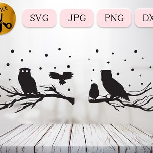 Bundle harfang des neiges Svg, branche d'arbre de Noël avec neige Svg, Silhouette hibou perché, neige des cliparts, hibou vecteur téléchargement numérique Jpg Png Dxf