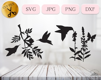 Hummingbird Feeding Svg Bundle, Cute Humming Bird Silhouette, Tree with Bird Scene Cricut, Flying Hummingbird Clipart, Butterfly DXF Jpg Png