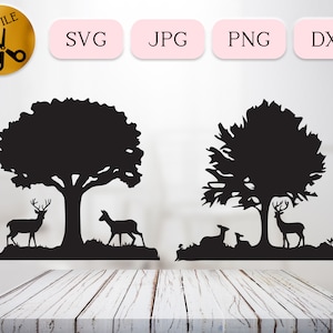 Veado Descansando Sob Árvore Svg, Vida Na Árvore Svg, Silhueta De Veado Bebê, Vetor De Corça Svg Dxf, Floresta De Outono Svg, Família Animal Svg Jpg Png