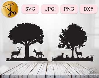 Deer Resting Under Tree Svg, Tree Life Svg, Baby Deer Silhouette, Buck Fawn Svg Doe Dxf Vector, Autumn Forest Svg, Animal Family Svg Jpg Png