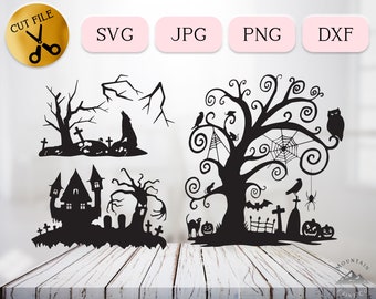 3 Haunted Graveyard Silhouette SVG bundle, Haunted House Vector, Spooky Forest Clipart, Halloween Spider Cobweb Cricut Cut File, JPG PNG dxf
