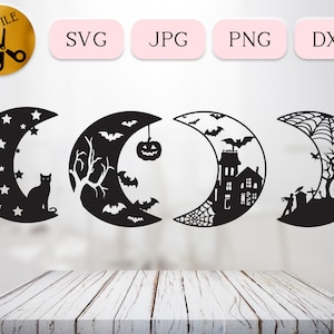 May include: Four black and white Halloween-themed crescent moon cut files. The moons feature a cat, a spooky tree, a haunted house, and a graveyard with a spider.