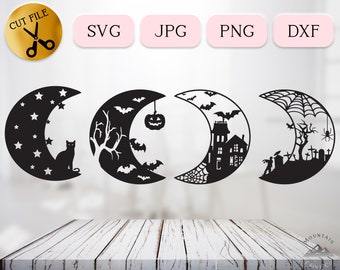 Halloween SVG Bundle, Halloween Scenes Svg Cricut, Haunted Moon Svg Vector, Spiderweb Bats Silhouette, Scary Black Cat Cemetery DXF Jpg Png