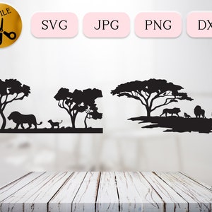 Lion SVG-bundel, natuurtaferelen, dieren in het wild silhouet, Lion Pride Vector, familie van leeuwen clipart, Safari SVG, acacia stencil knippen jpg PNG DXF