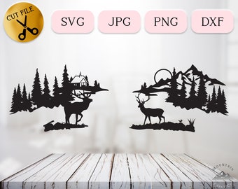 Woodland Deer Nature SVG Bundle, Winter Cottage Silhouette, Deer with Mountains and Trees svg, Hunting Wildlife DXF, Howling Elk JPG png dxf