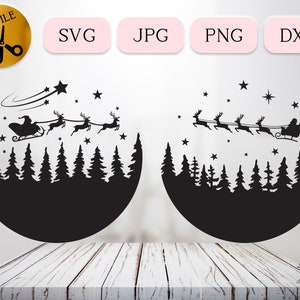Merry Christmas Svg, Christmas Santa Scene Svg Cricut, Christmas Decoration Vector Cut File, Santa Flying Sleigh Silhouette Png, Sleigh Dxf