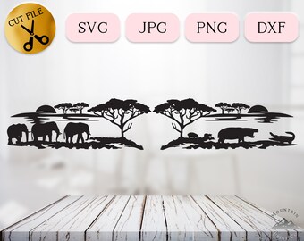 African Sunrise SVG DXF PNG jpg, Safari Animals Clipart, Group of Elephants Vector, Africa Sunset Silhouette, Hippo Crocodile Elephant svg